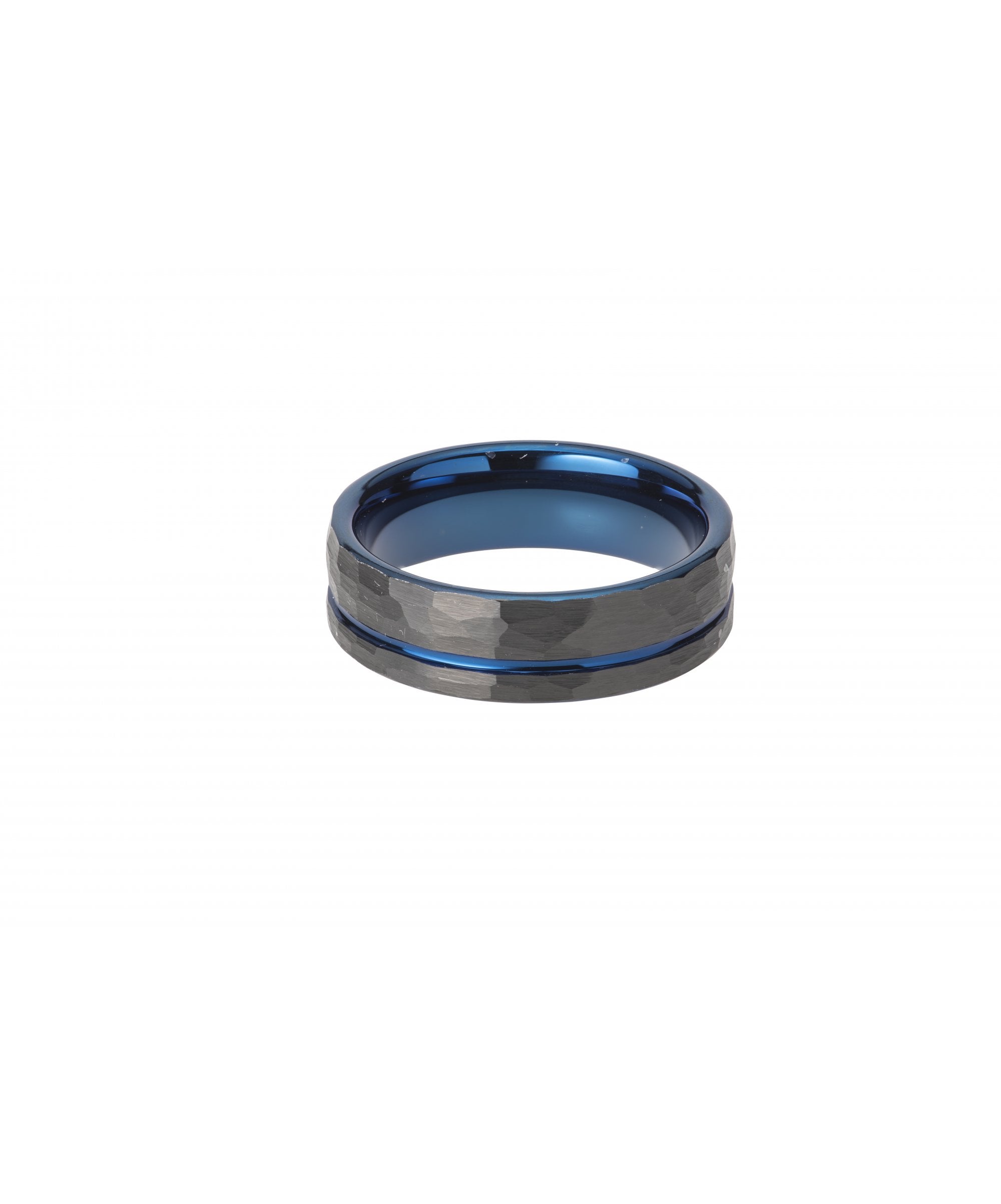 Tungsten 7mm Hammered Flat Court  Ring with Blue & Grey Finish- TUR-84