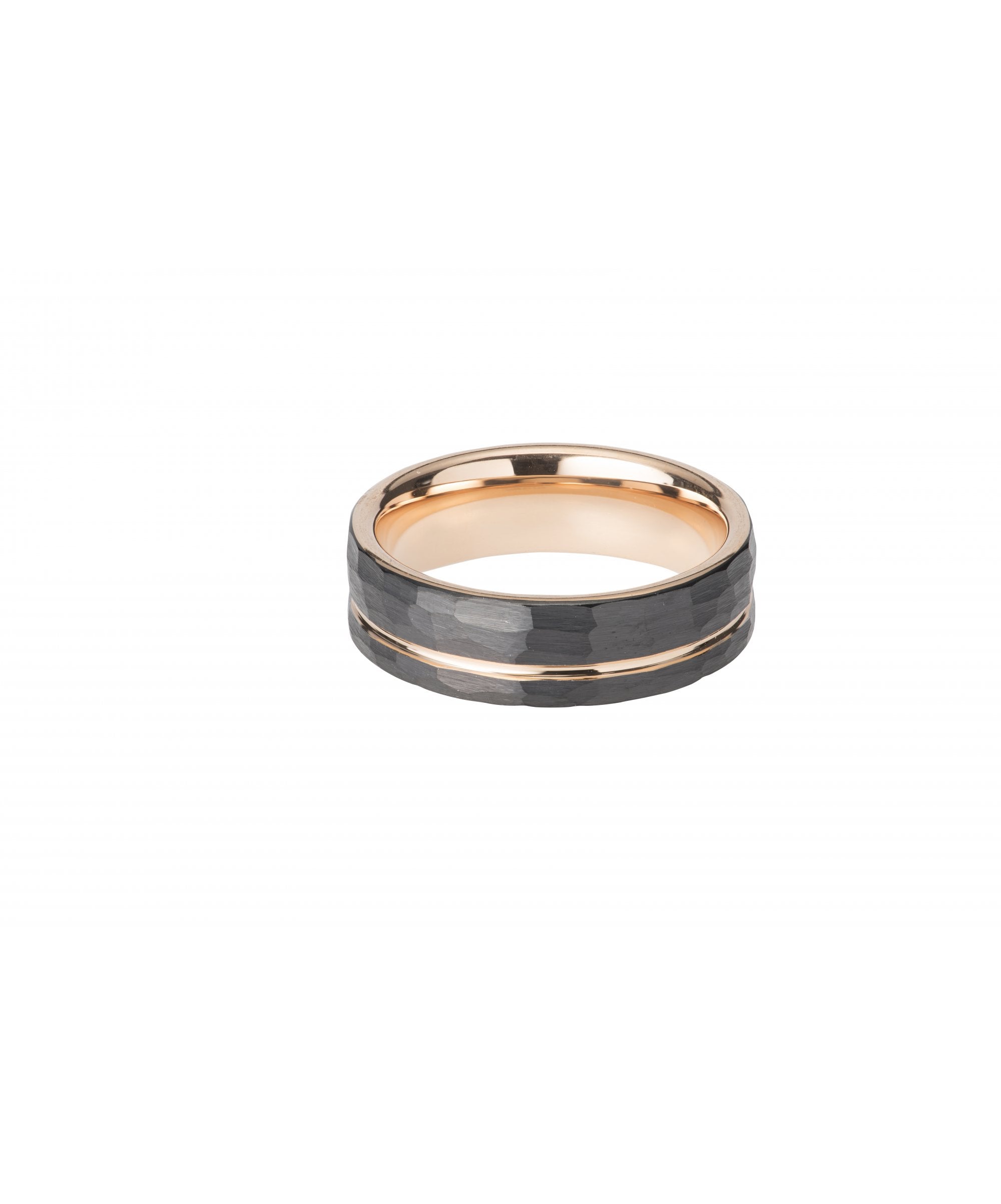 Tungsten 7mm Hammered Flat Court Ring With Rose Gold & Black Finish - TUR-83