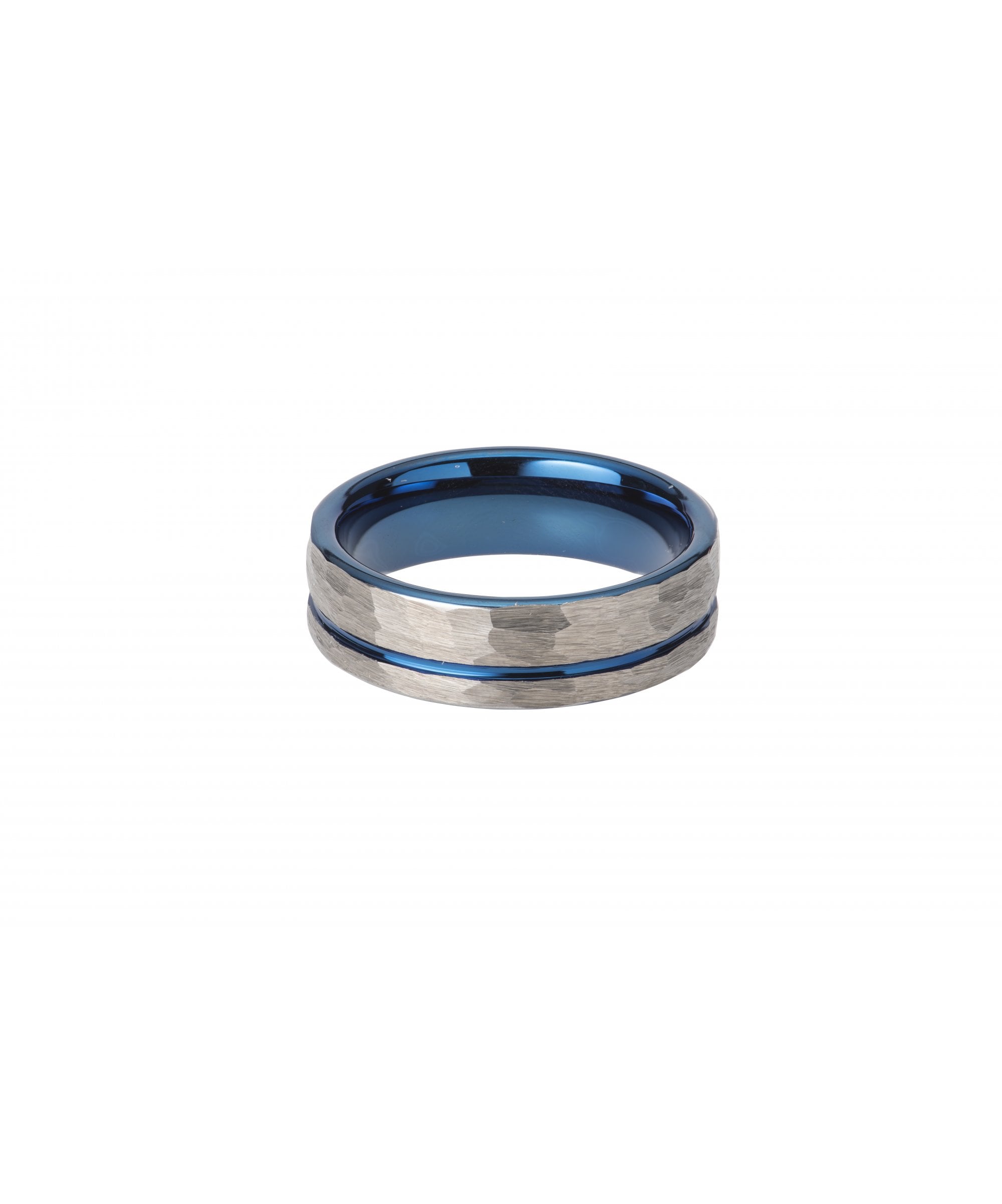 Tungsten 7mm Hammered Flat Court  Ring with Blue - TUR-81