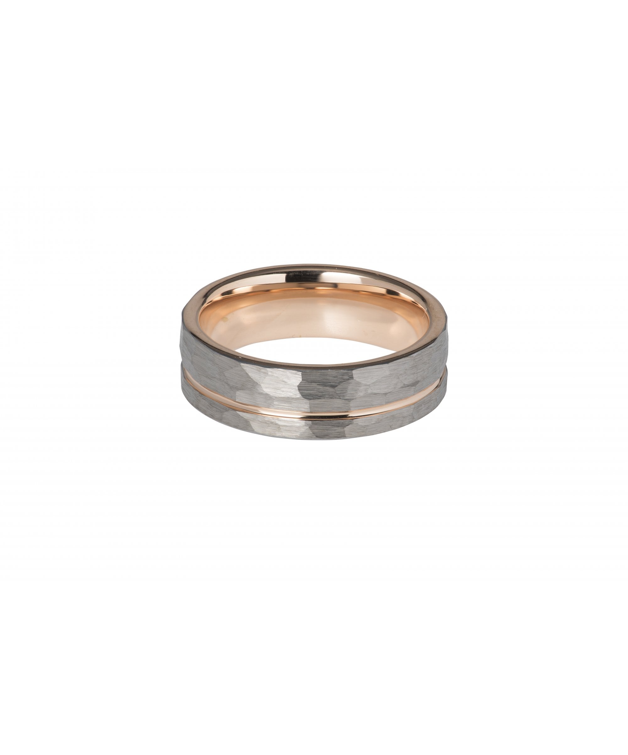 Tungsten 7mm Hammered Flat Court  Ring with Rose Gold - TUR-80