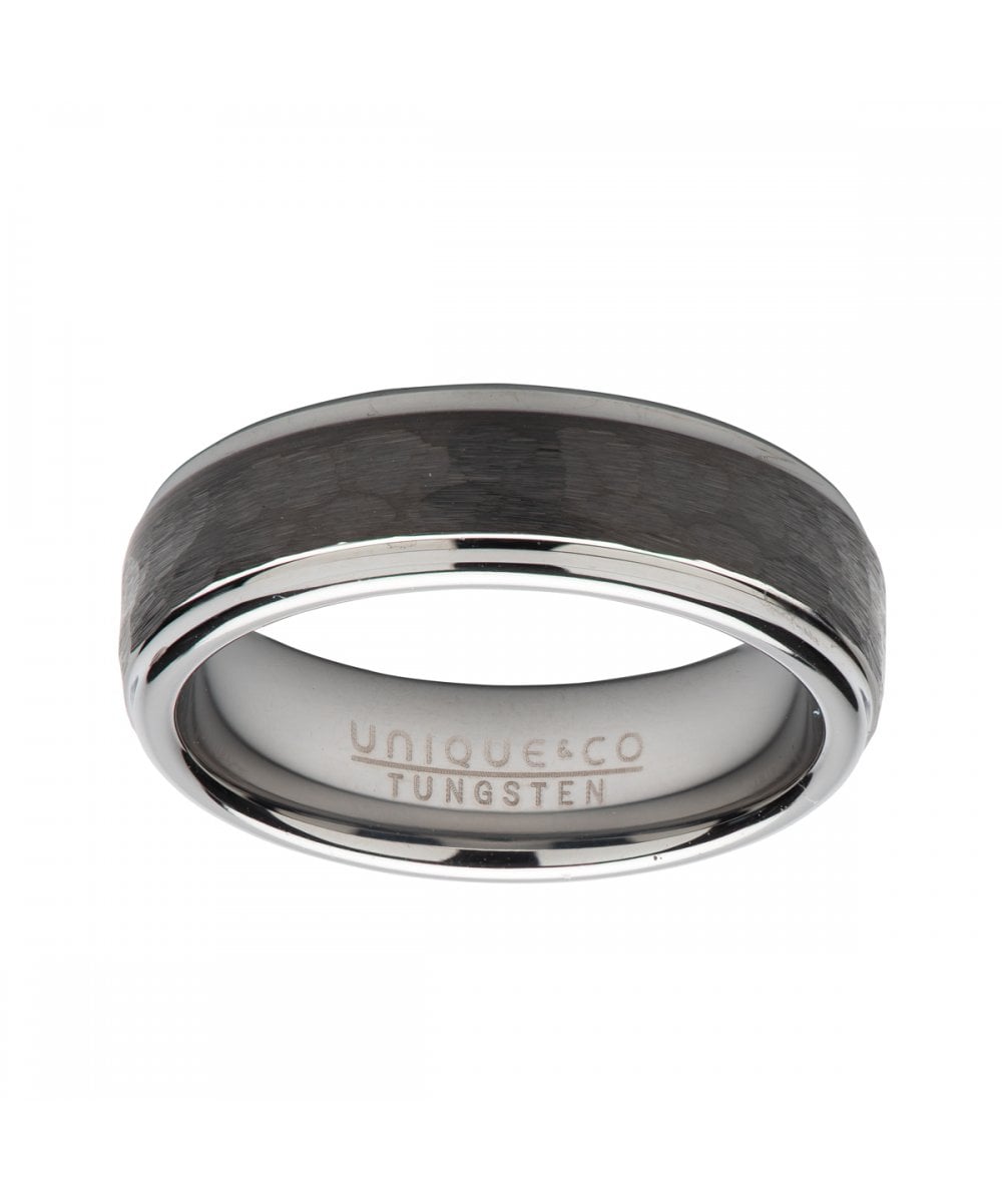 Tungsten 7mm Hammered Black & Silver Finish Ring - TUR-118