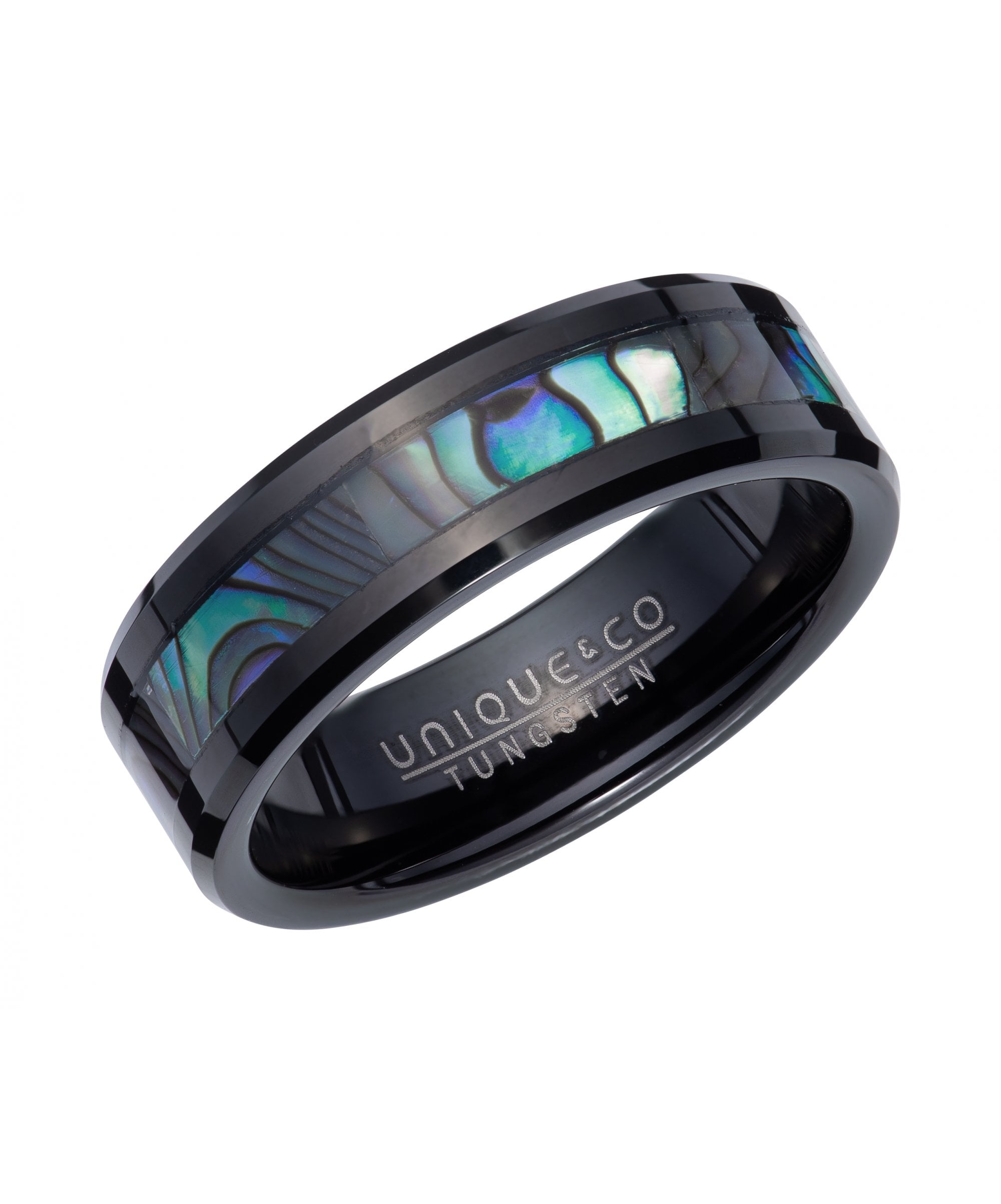 Tungsten 7mm Black & Abalone Shell Inlay Ring - TUR-135
