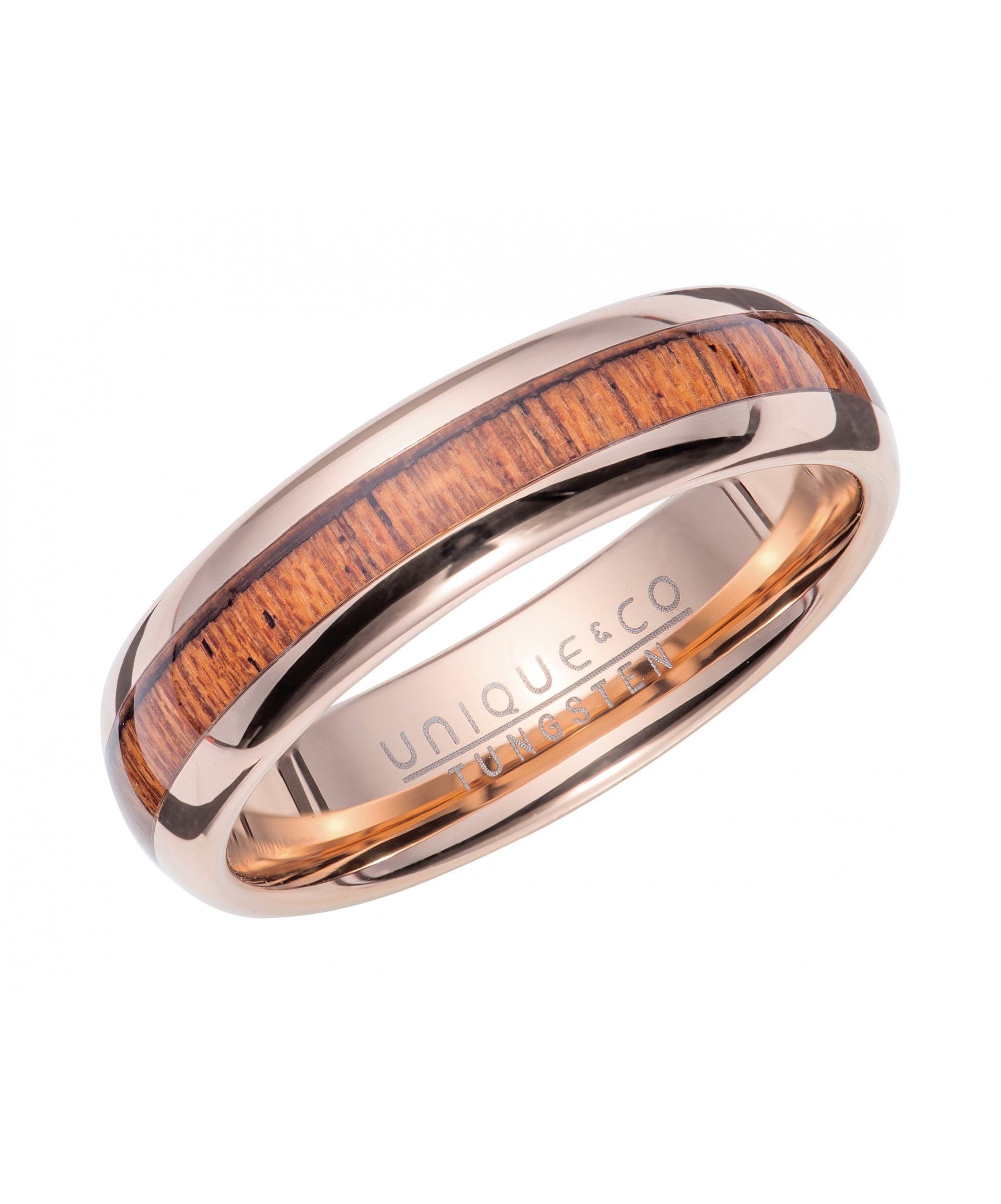 Tungsten 6mm Rose Gold & Wood Inlay Ring - TUR-138