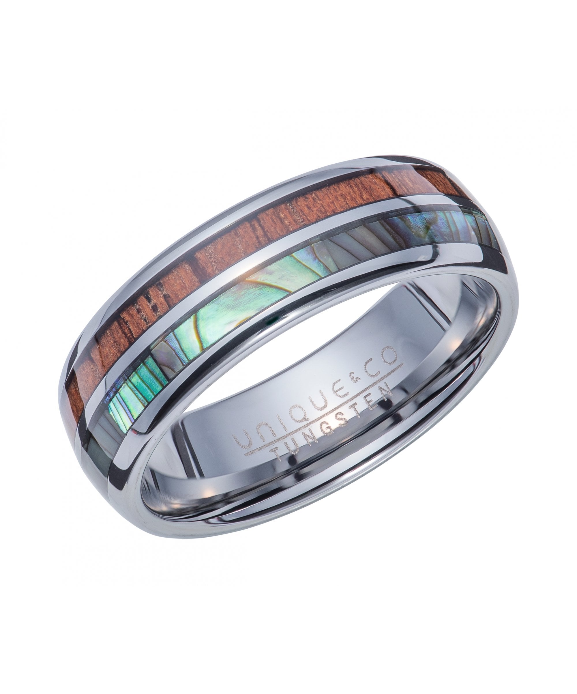 Tungsten 7mm Ring with Wood & Abalone Shell Inlay - TUR-136