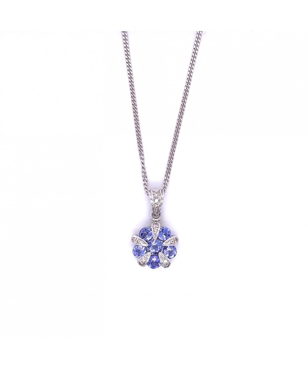 9ct White Gold Tanzanite & Diamond Flower Pendant