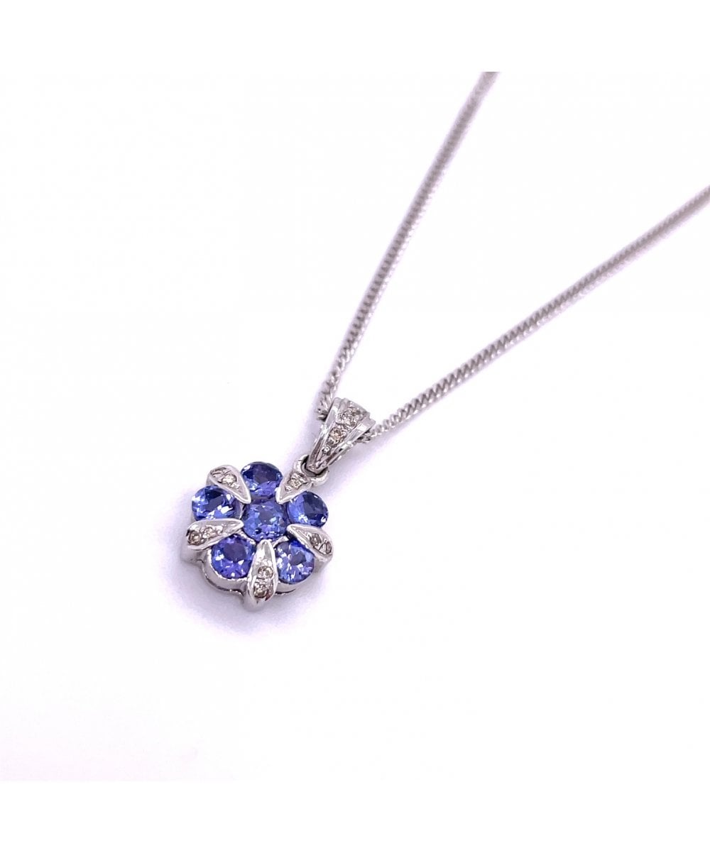 9ct White Gold Tanzanite & Diamond Flower Pendant