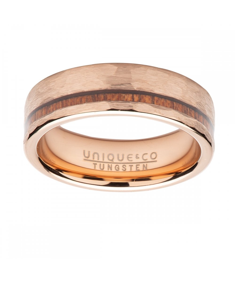 Tungsten 7mm Rose Gold & Wood Inlay Ring - TUR-126