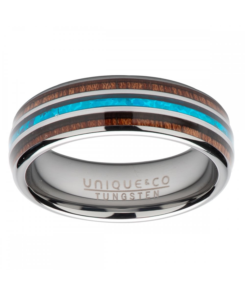 Tungsten 7mm Ring with Wood & Blue Opal Replica Inlay - TUR-124