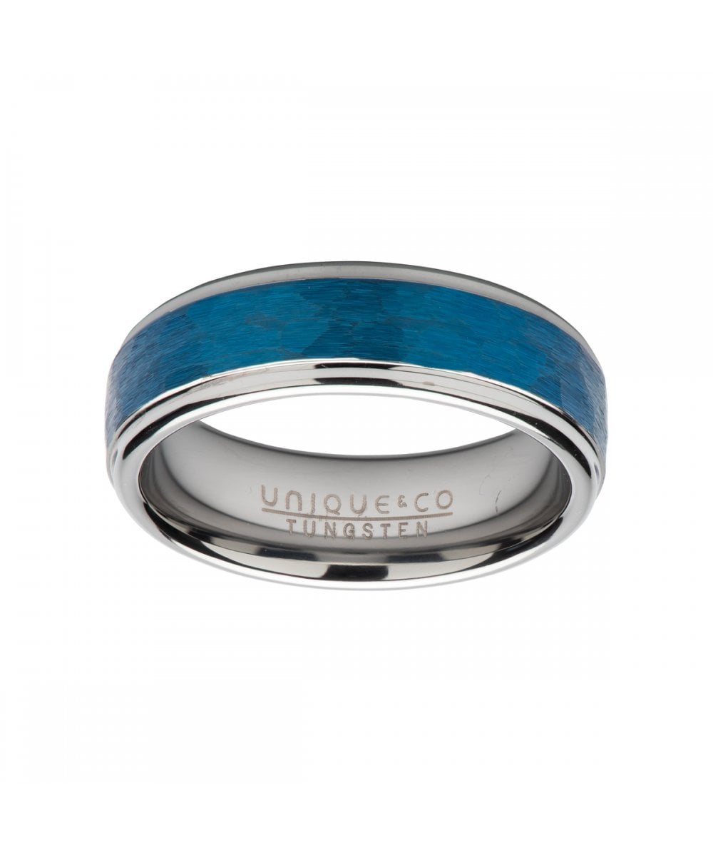 Tungsten 7mm Hammered Blue & Silver Finish Ring - TUR-117