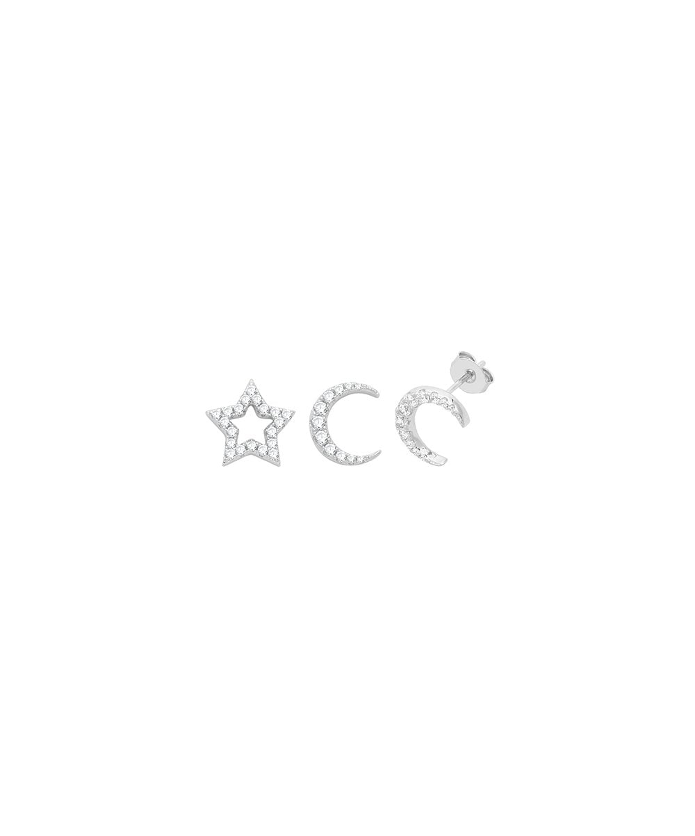 Silver CZ Moon & Star Stud Earrings