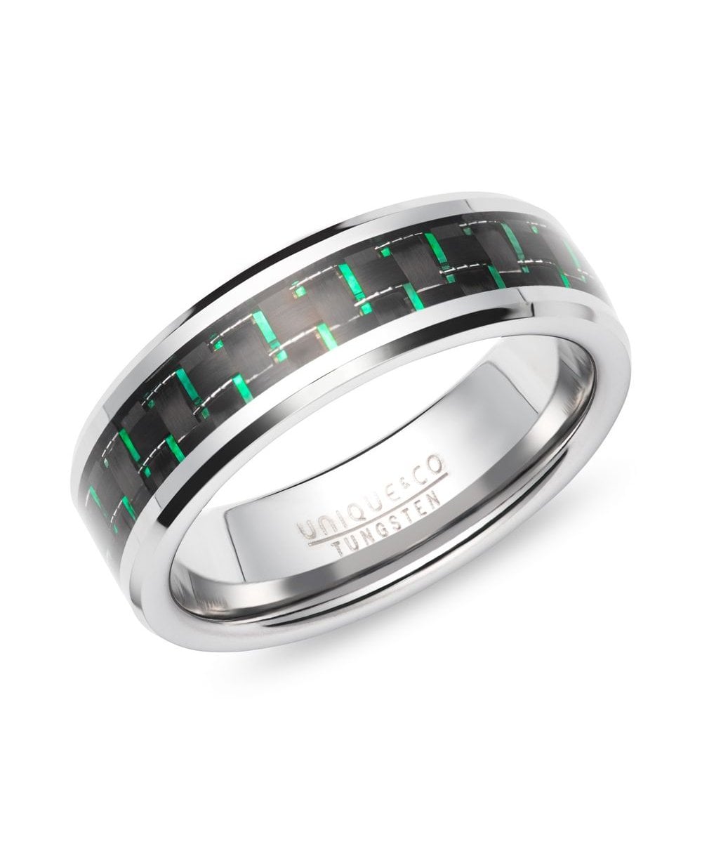 Tungsten 7mm Ring With Green Carbon Fibre - TUR-196