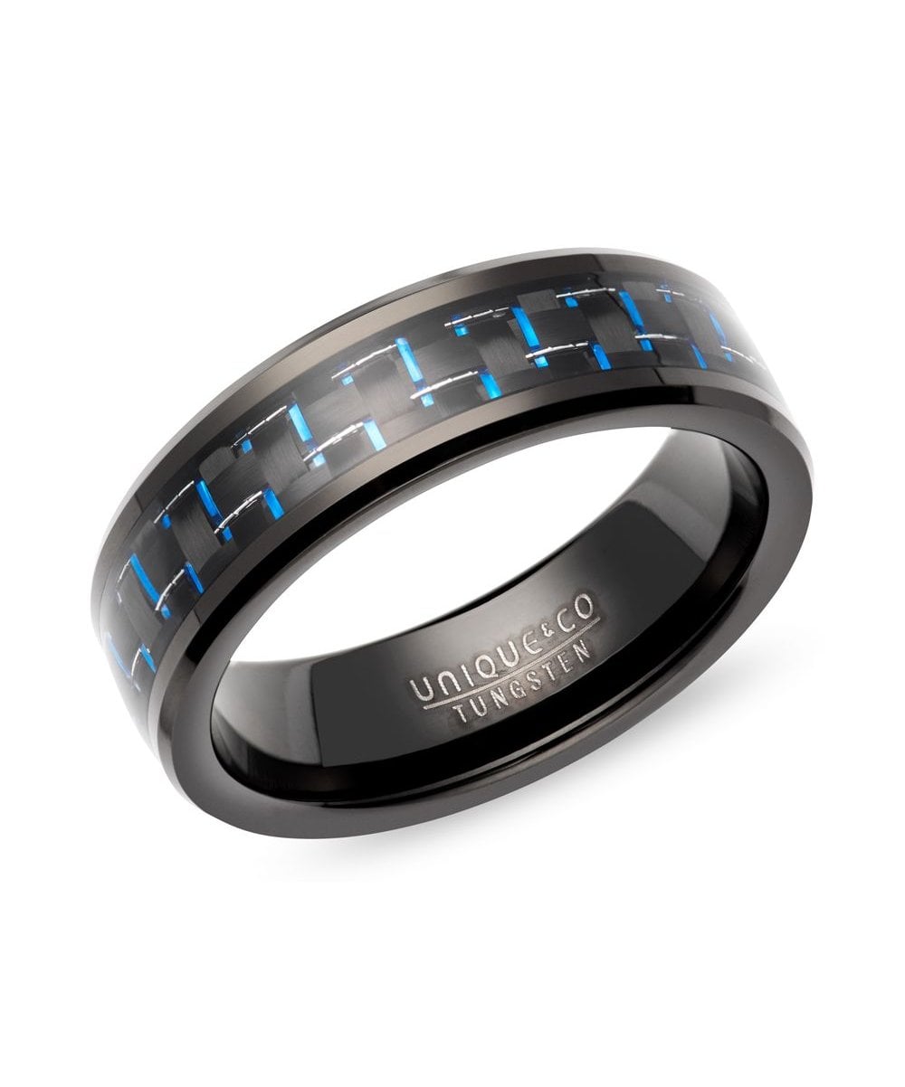 Tungsten 7mm Black Ring With Blue Carbon Fibre - TUR-197