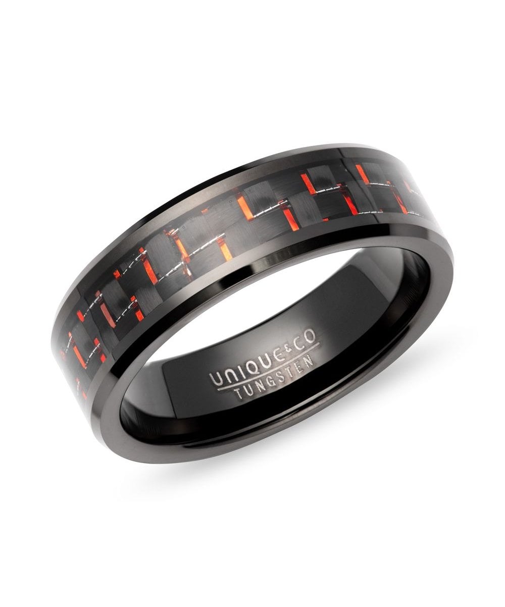 Tungsten 7mm Black Ring With Red Carbon Fibre - TUR-198