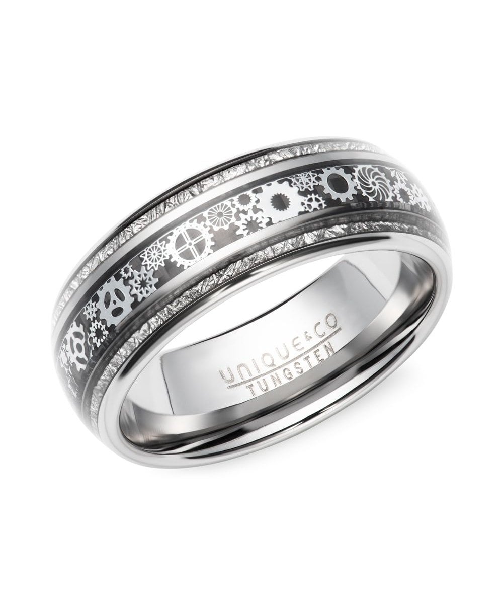 Tungsten 7mm Ring With Cogs & Wheels & Meteorite Paper - TUR-184