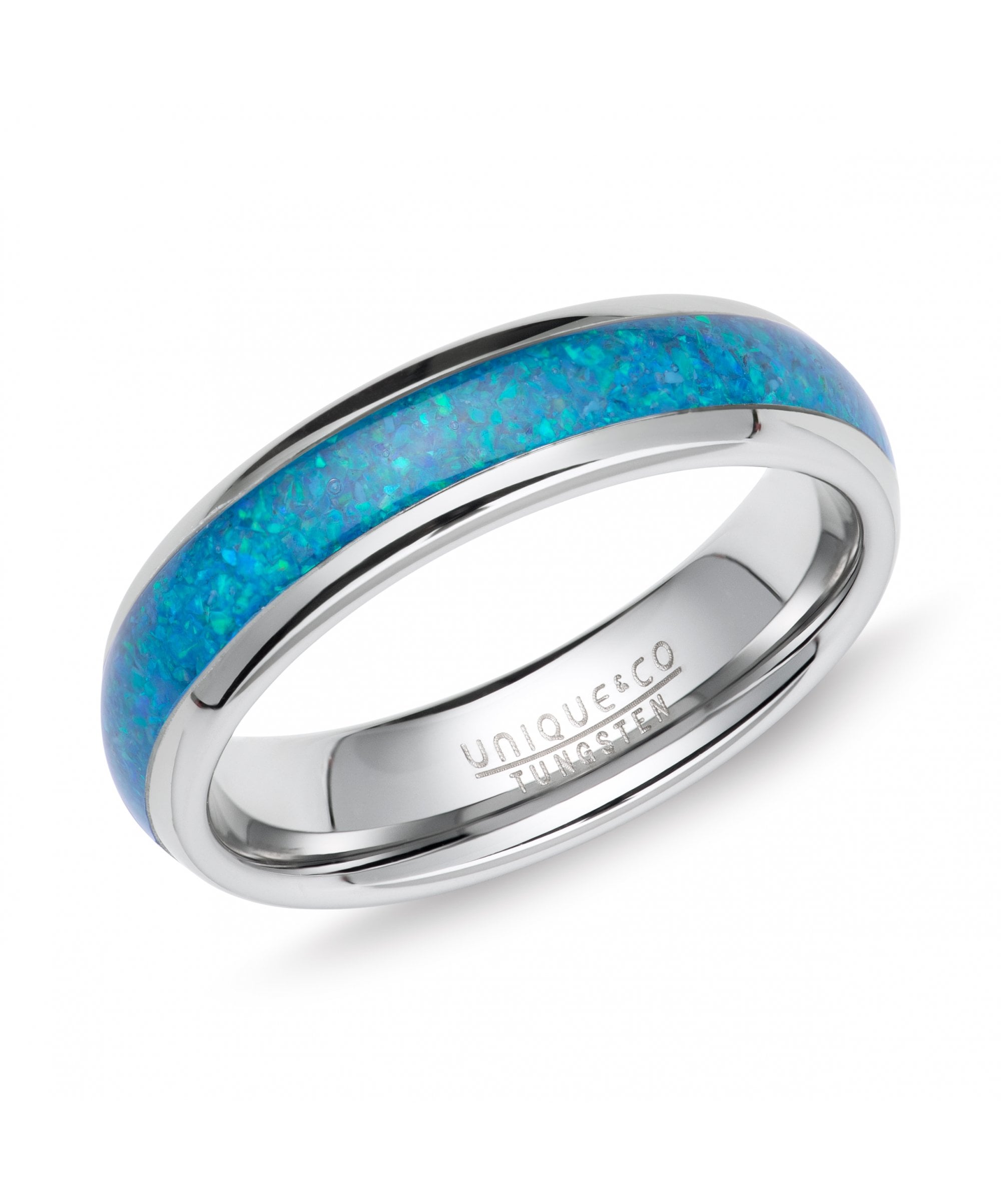 Tungsten 6mm Ring with Blue Opal Replica Inlay - TUR-178