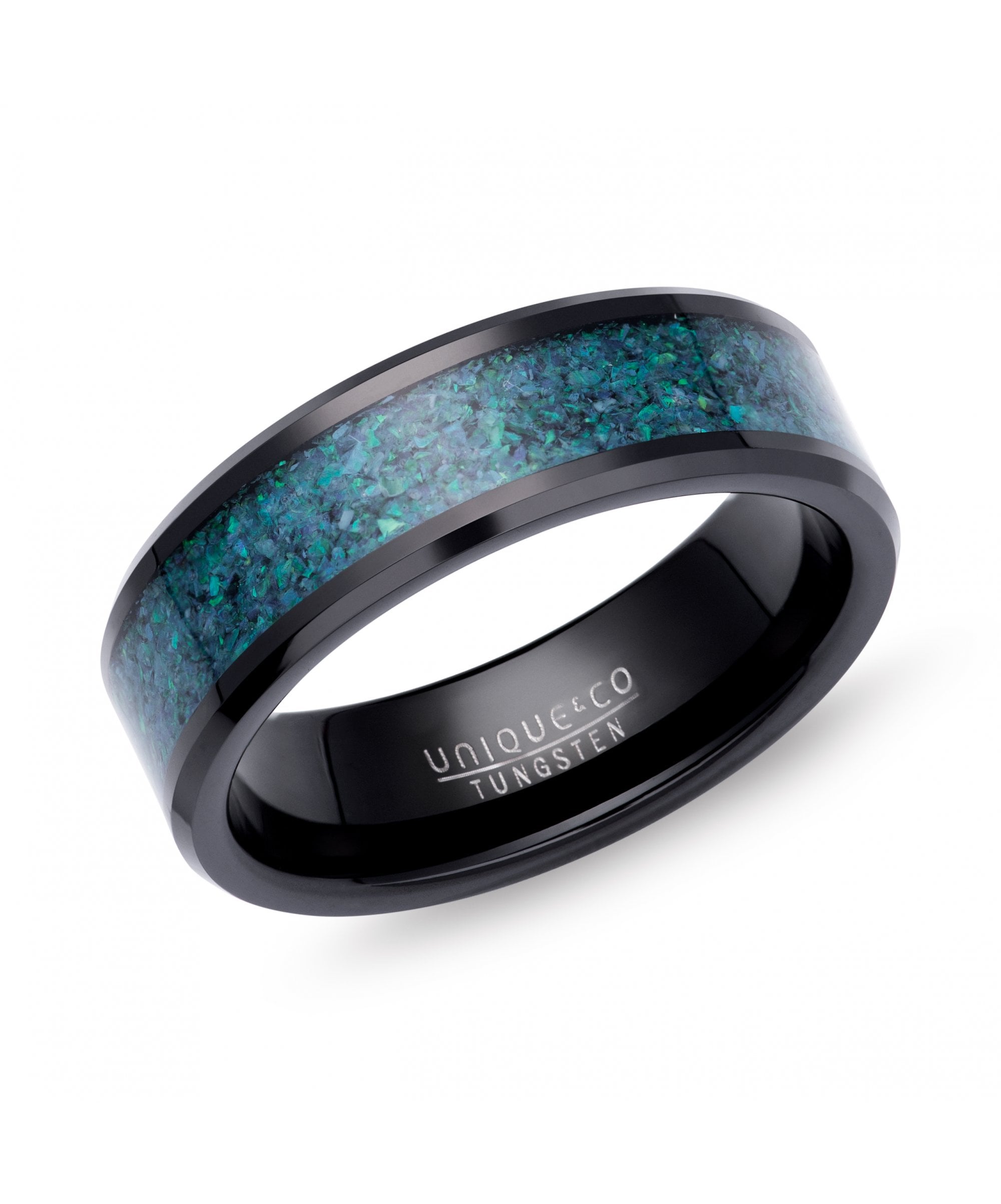 Tungsten 7mm Black Ring With Blue Opal Replica Inlay - TUR-177