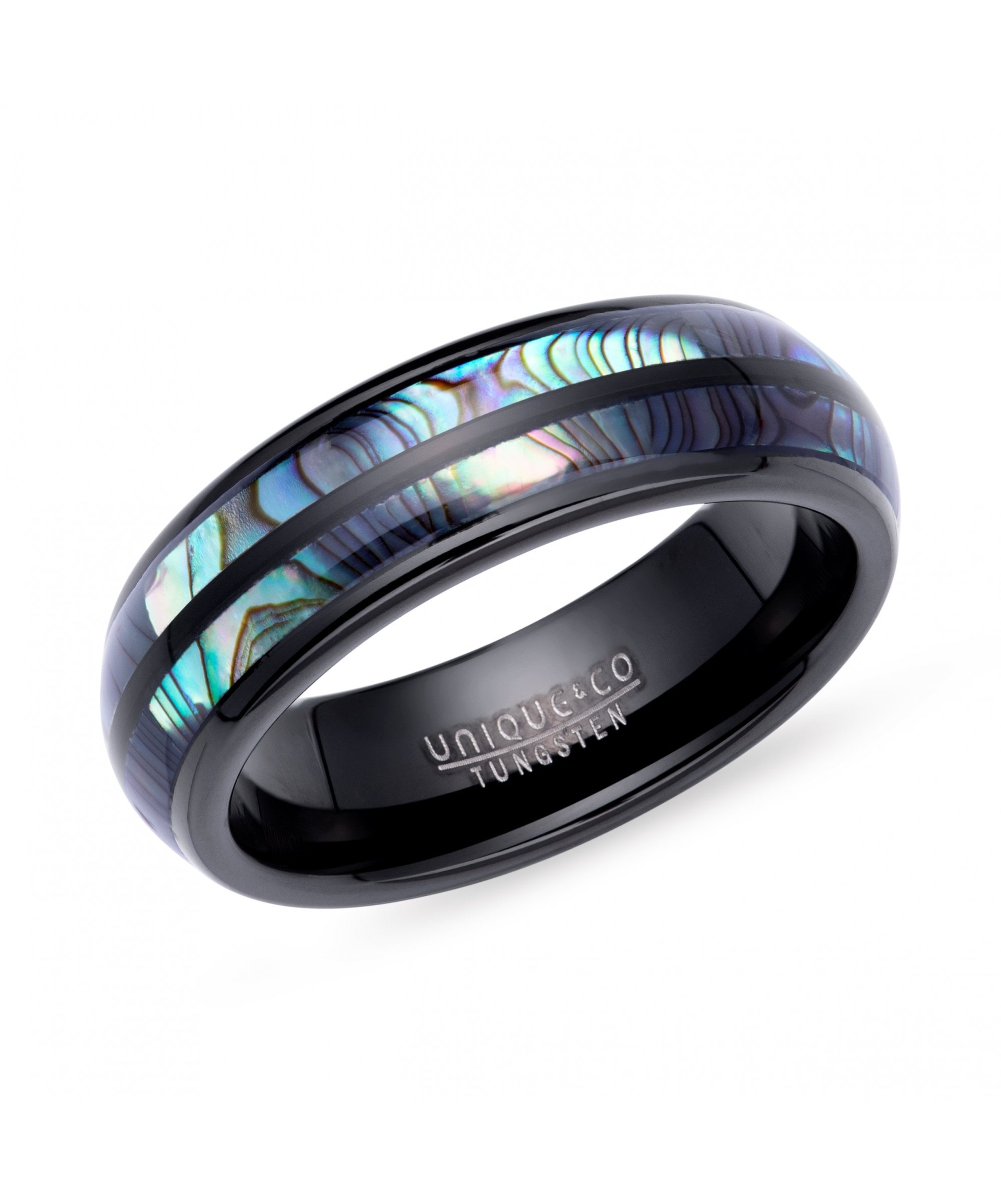 Tungsten 7mm Black & Abalone Shell Double Row Ring - TUR-176