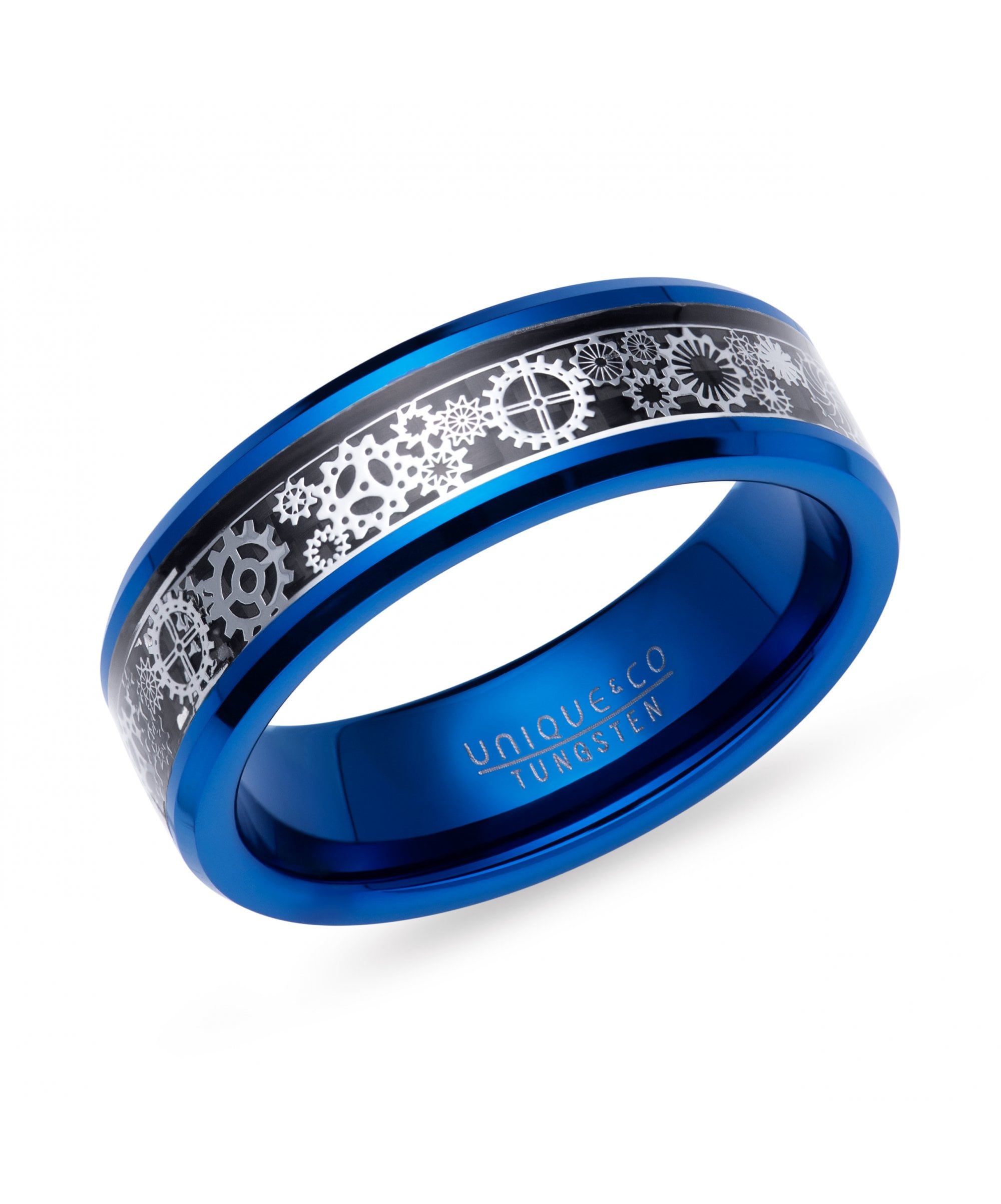 Tungsten 7mm Blue Ring with Cogs & Wheels Design Centre - TUR-168