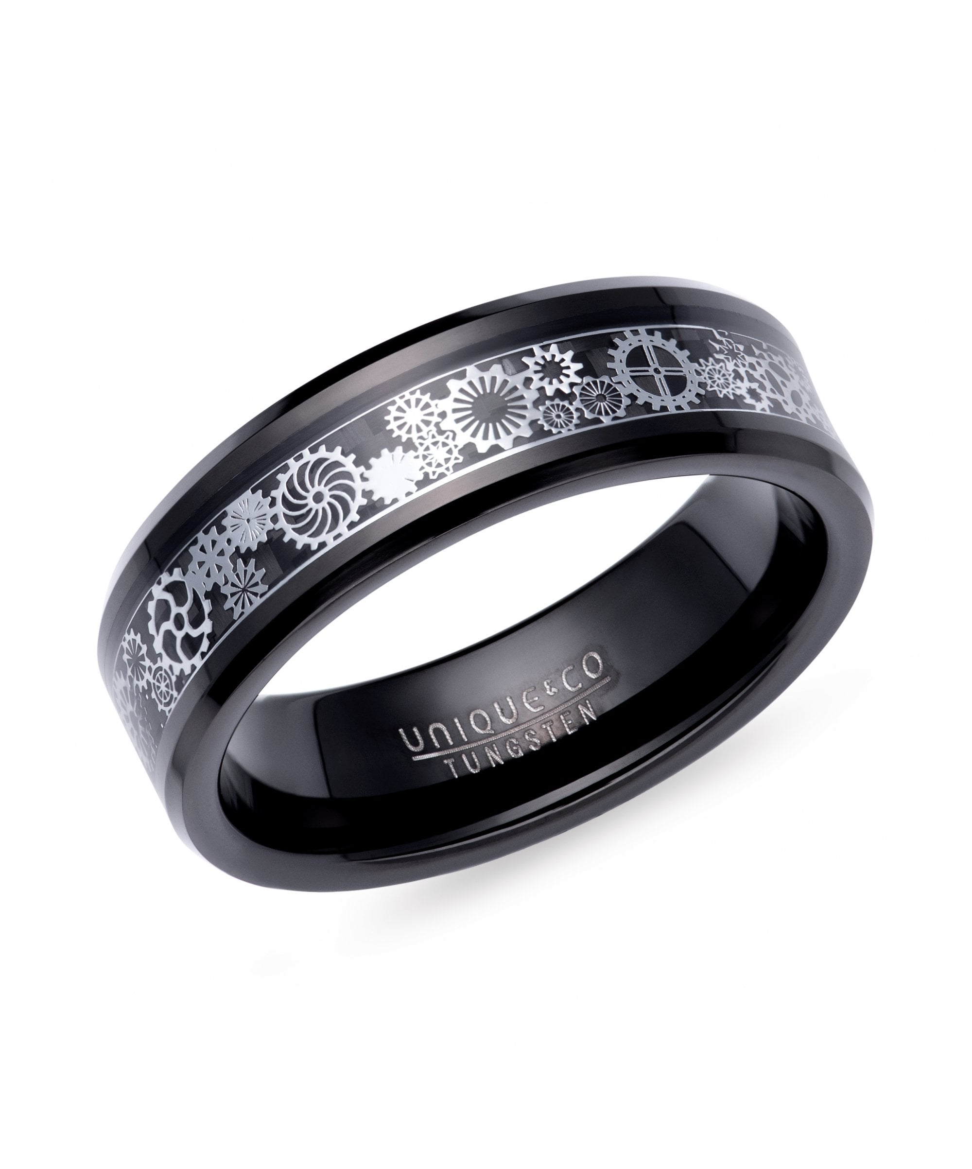Tungsten 7mm Black Ring with Cogs & Wheels Design Centre - TUR-167