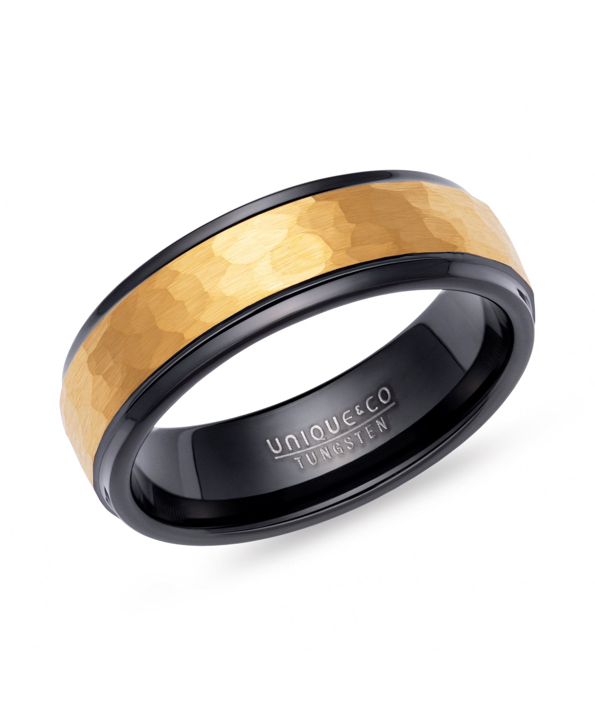 Tungsten 7mm Black & Gold Hammered Ring - TUR-164