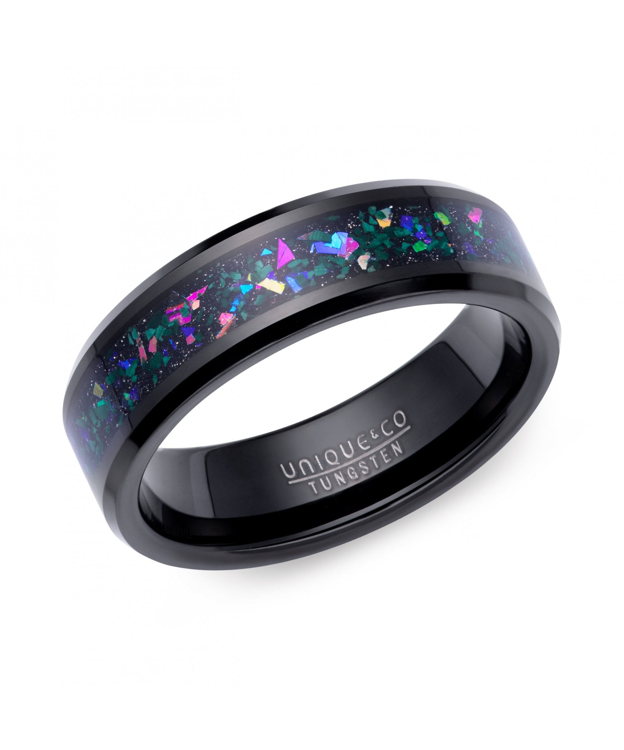 Tungsten 7mm Black Ring with Black, Green & Blue Stone Centre - TUR-160