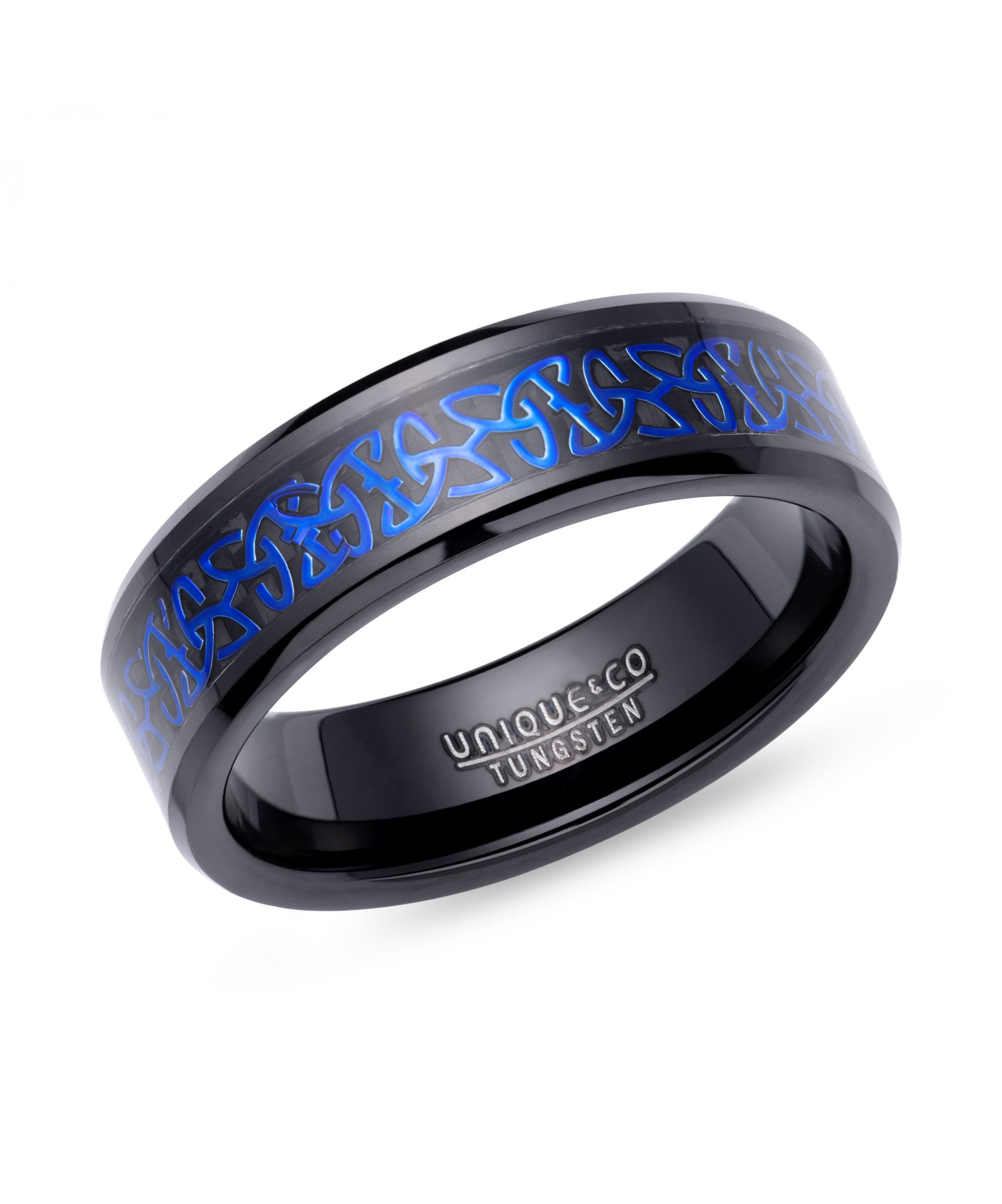 Tungsten 7mm Black Ring with Blue Celtic Design Centre - TUR-154