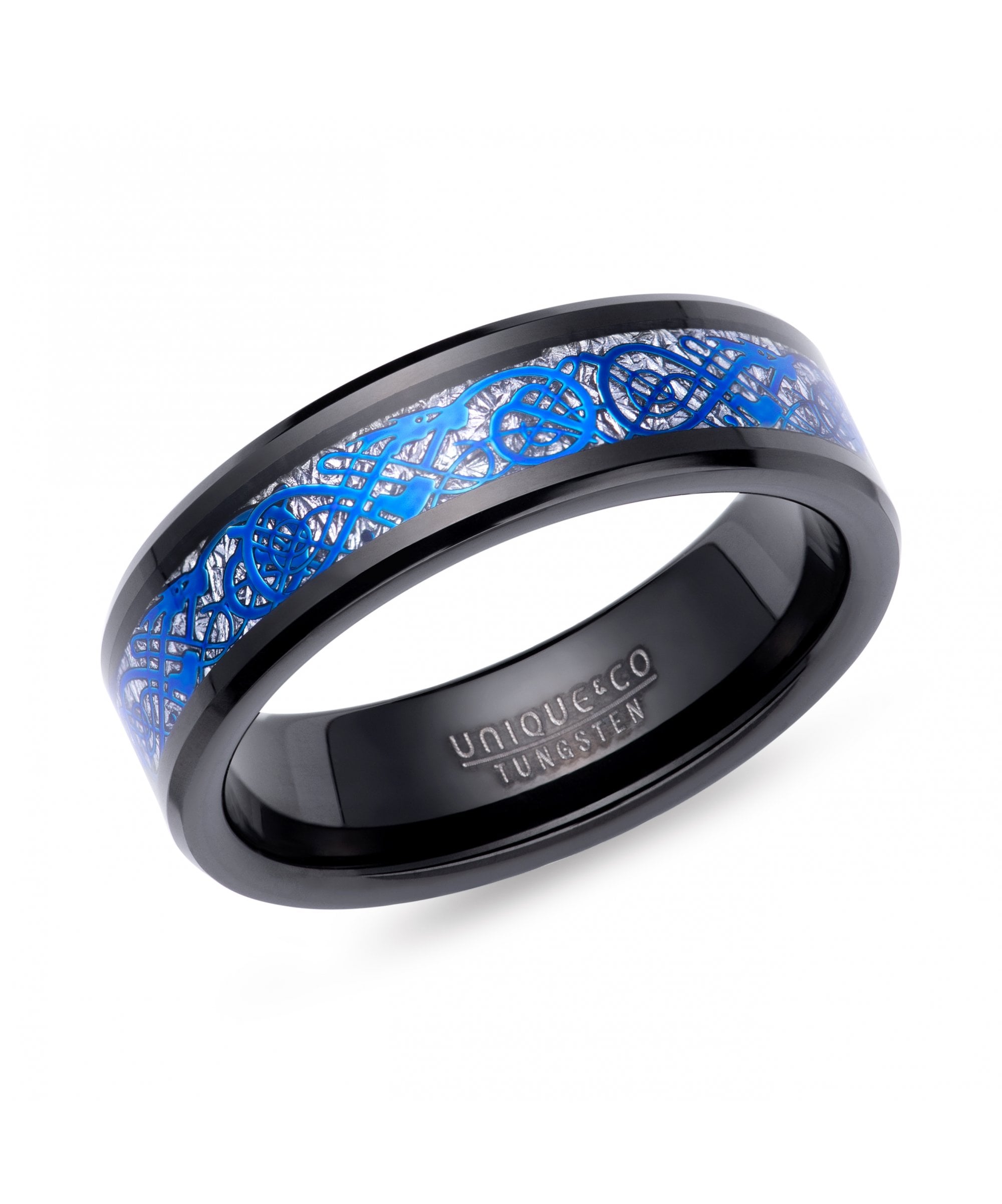 Tungsten 7mm Black & Blue Meteorite Paper Inlay Ring - TUR-153