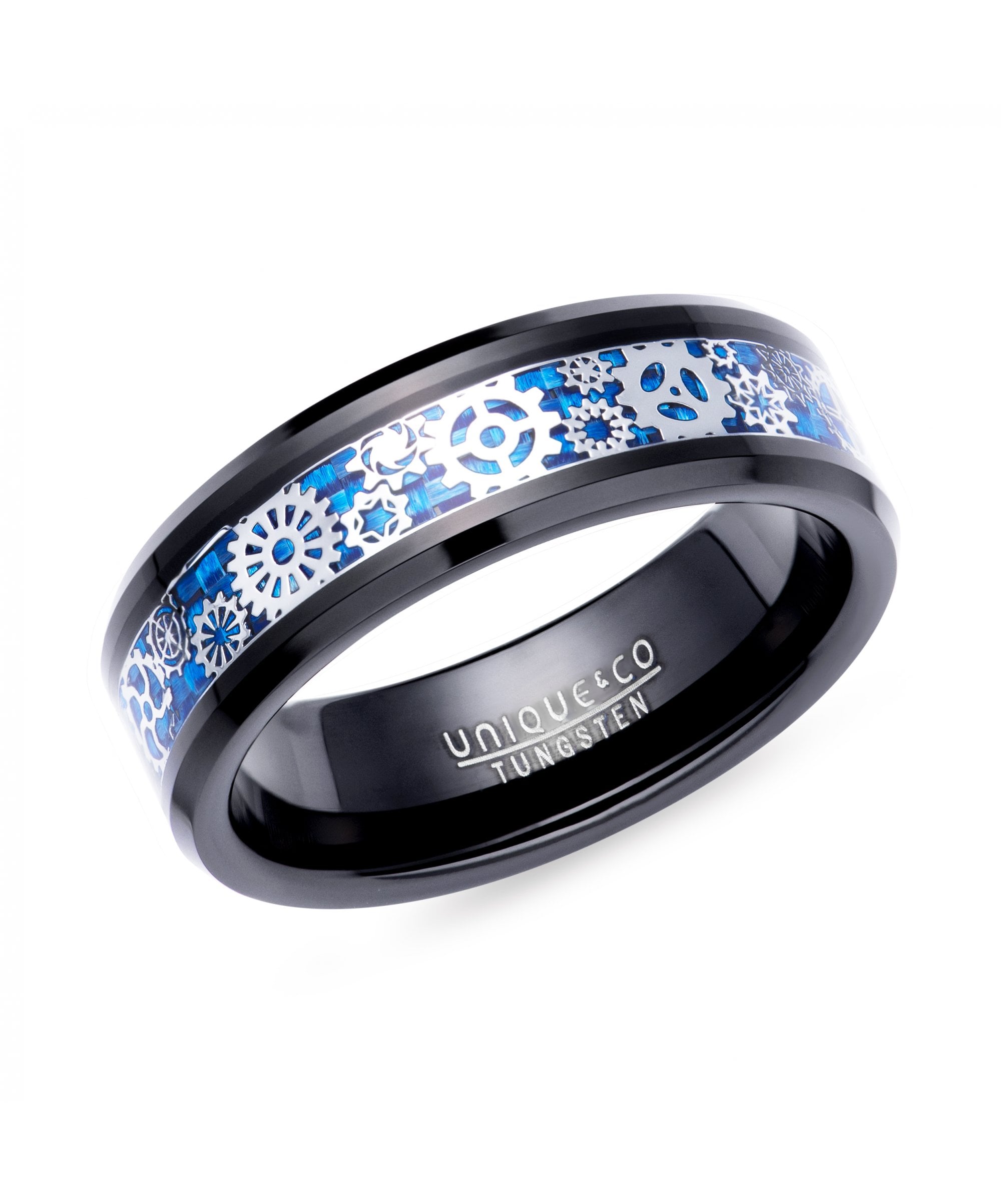 Tungsten 7mm Black Ring with Blue & Silver Cogs & Wheels Design Centre - TUR-152