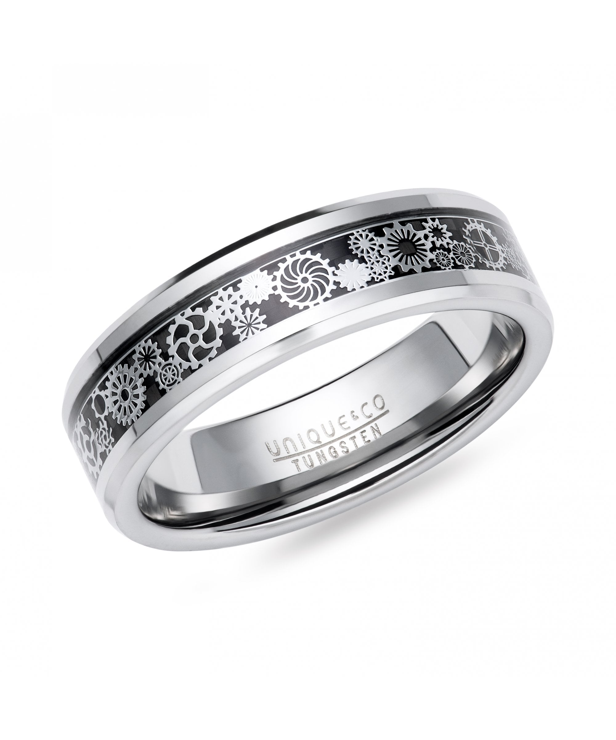 Tungsten 7mm Ring with Black Cogs & Wheels Design Centre - TUR-151