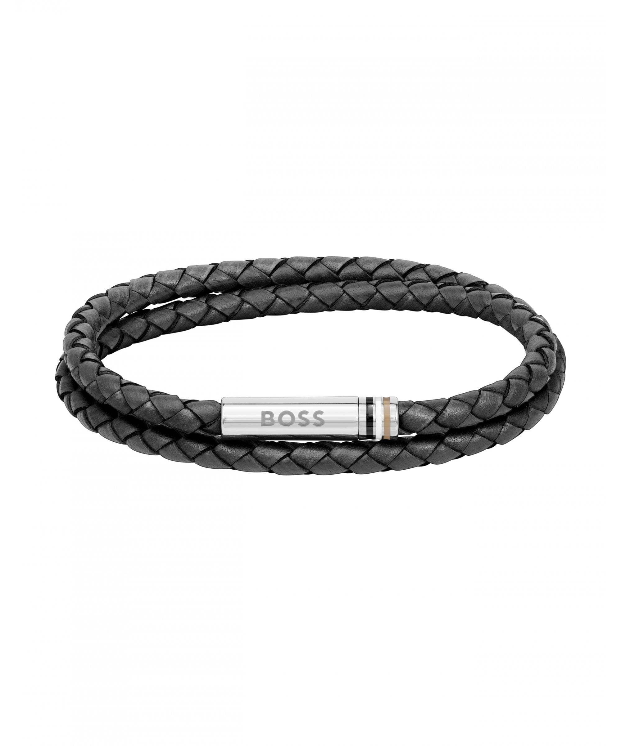 BOSS Ares Double Braided Black Leather Gents Bracelet