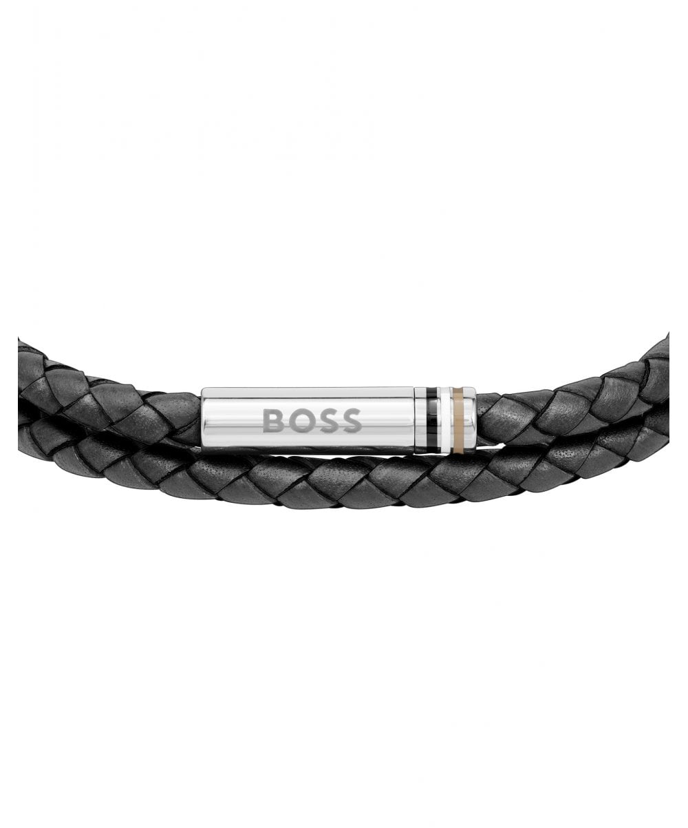 BOSS Ares Double Braided Black Leather Gents Bracelet