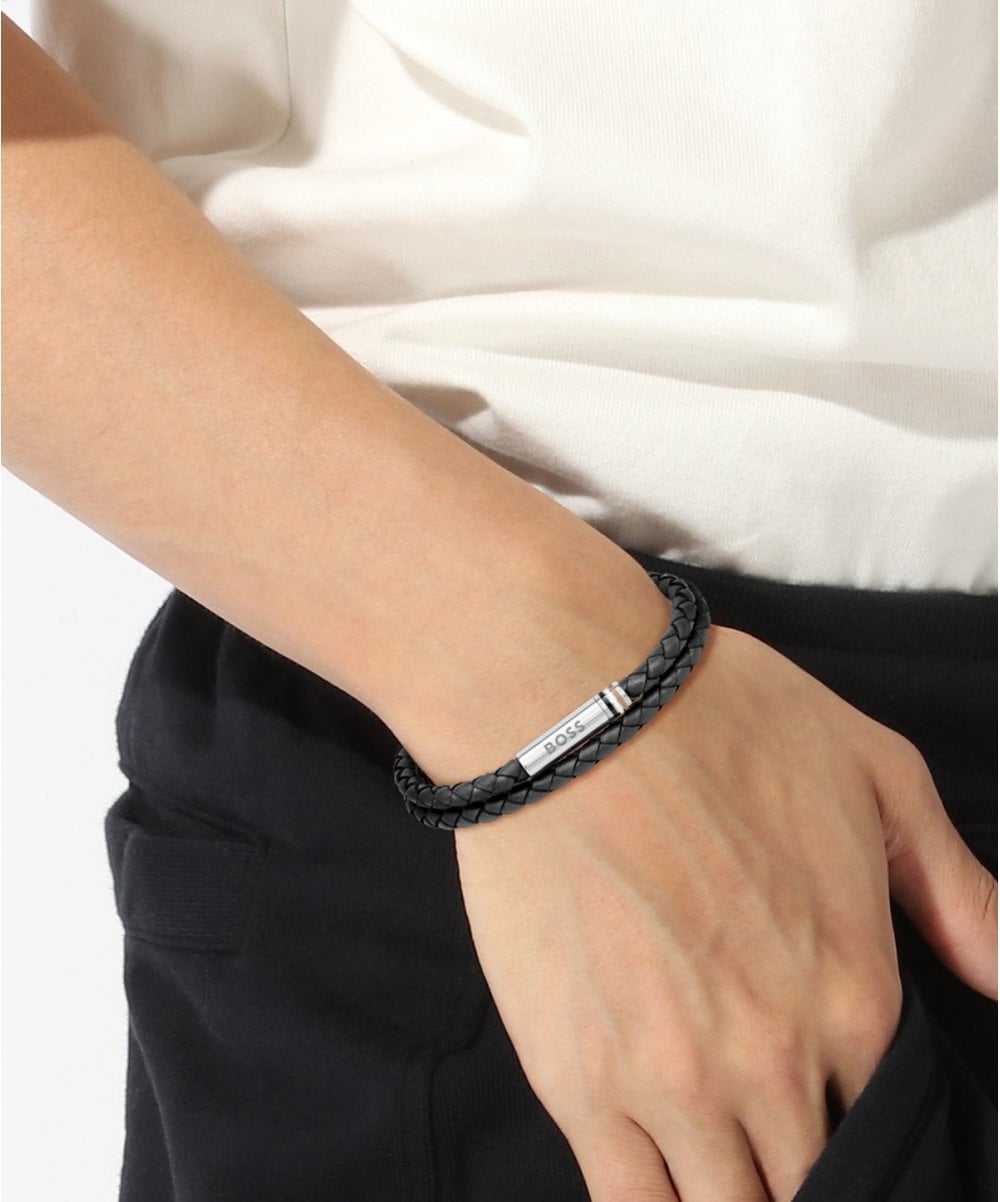BOSS Ares Double Braided Black Leather Gents Bracelet