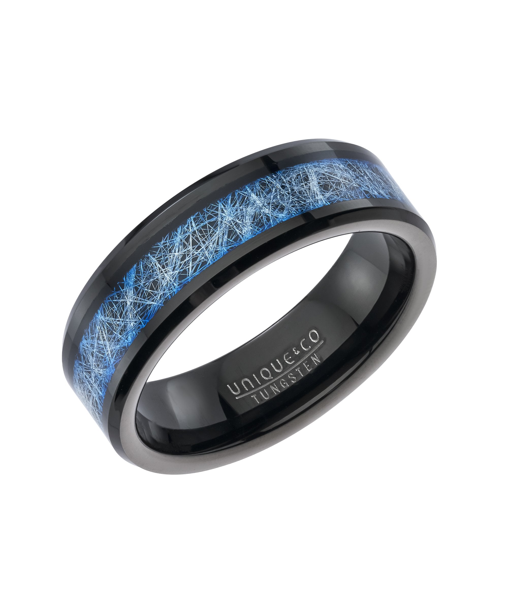 Tungsten 7mm Black Ring With Blue Meteorite Paper Inlay - TUR-204