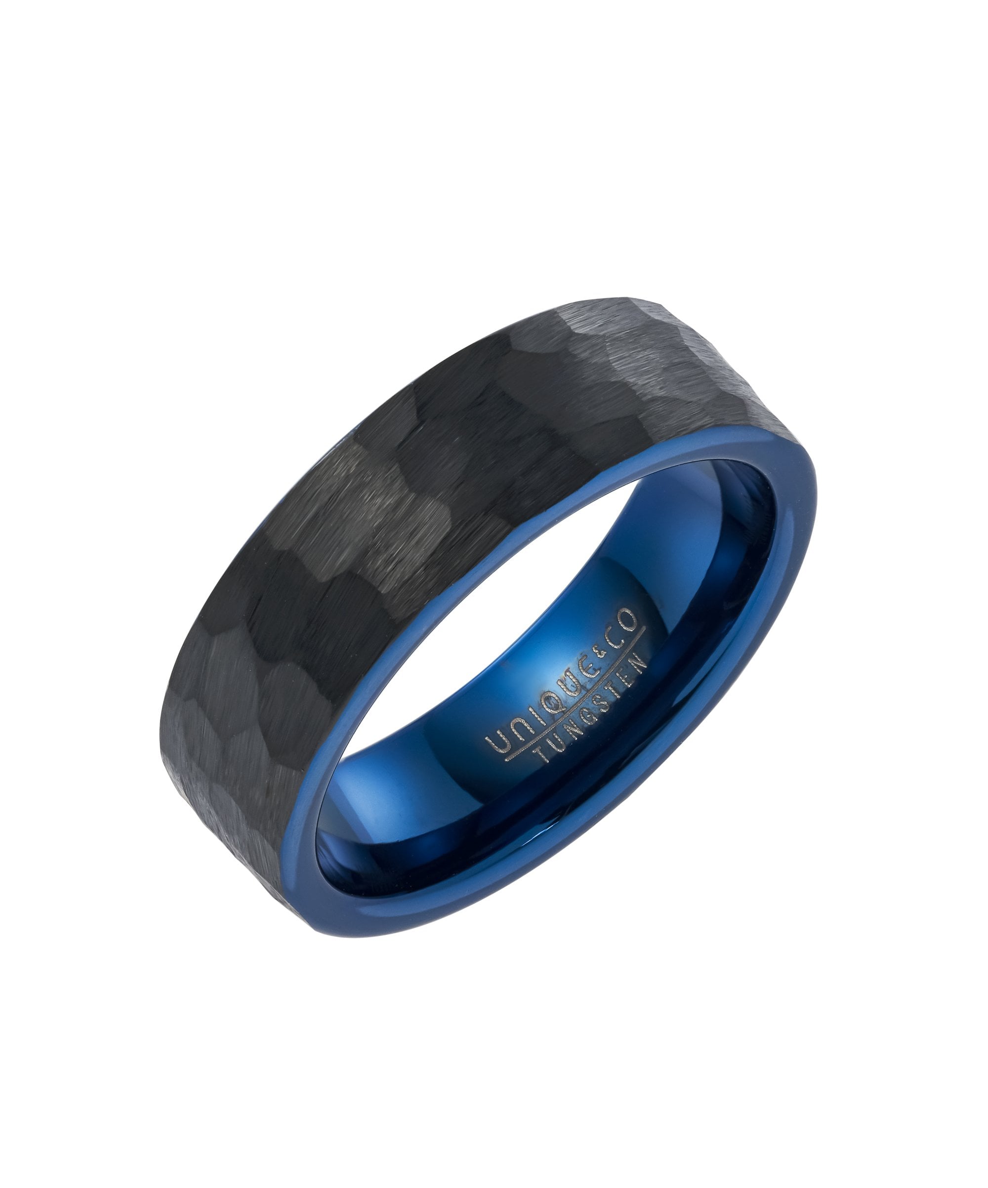 Tungsten 7mm Hammered Black & Blue Ring - TUR-213