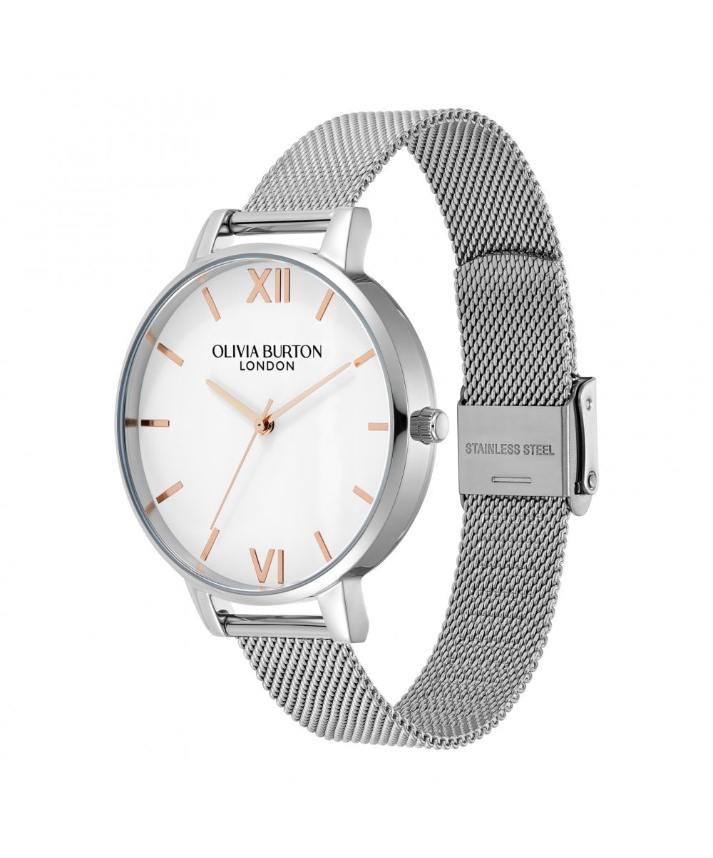 Olivia Burton Classics White Dial Silver Mesh Bracelet Watch