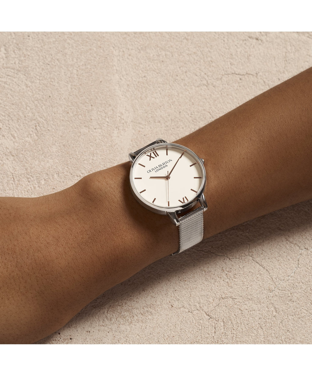 Olivia Burton Classics White Dial Silver Mesh Bracelet Watch