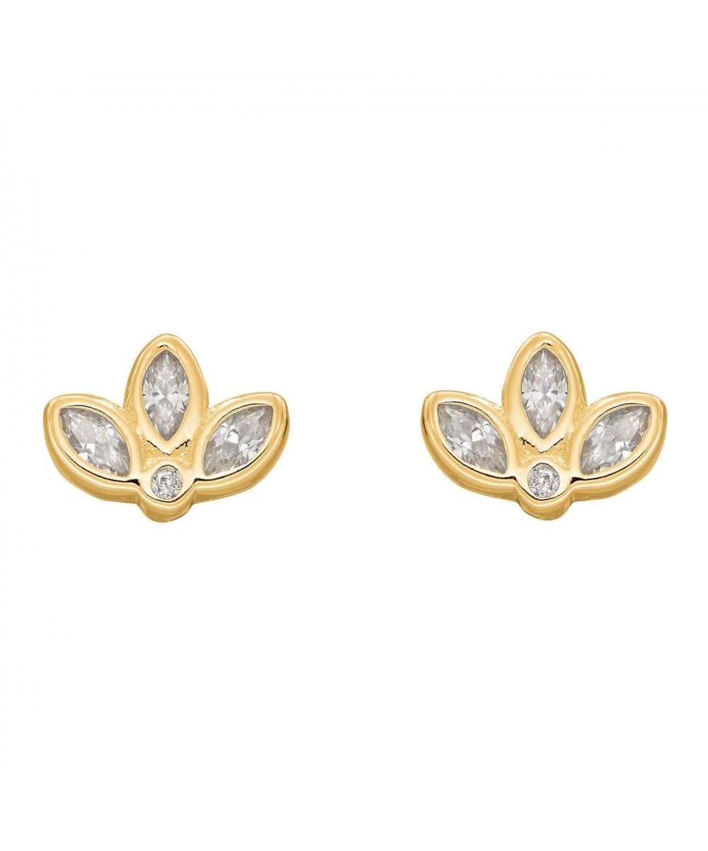 Gold Plated Sterling Silver CZ Lotus Flower Stud Earrings