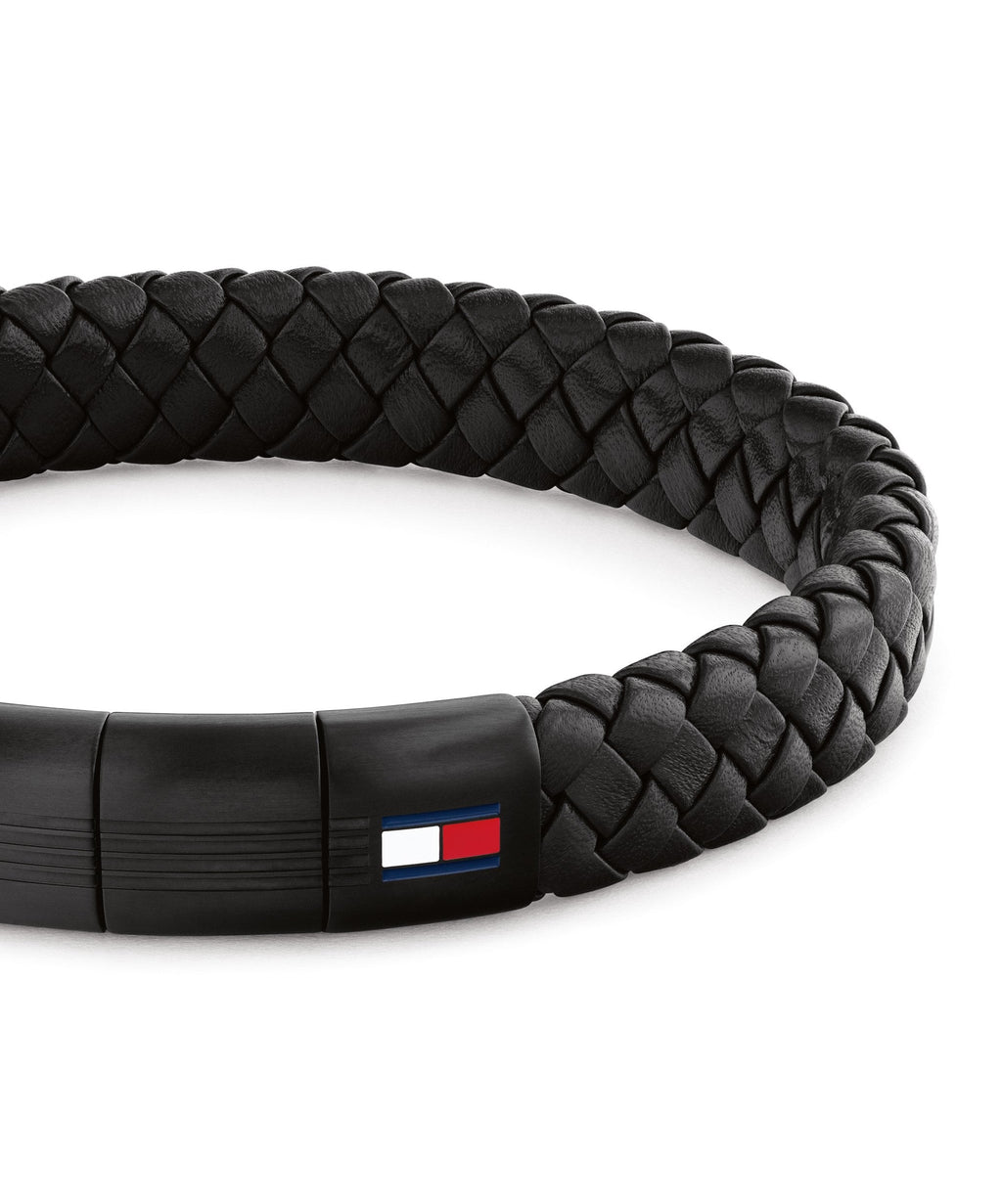 Tommy Hilfiger Round Braided Black Leather Gents Bracelet