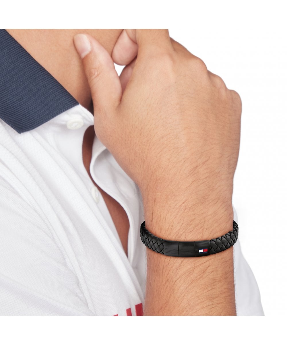Tommy Hilfiger Round Braided Black Leather Gents Bracelet