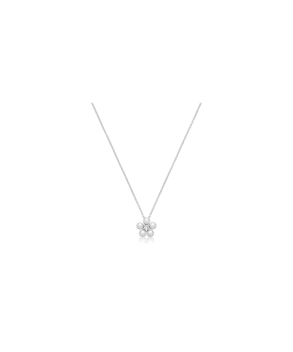 Silver CZ & Shell Pearl Flower Necklace