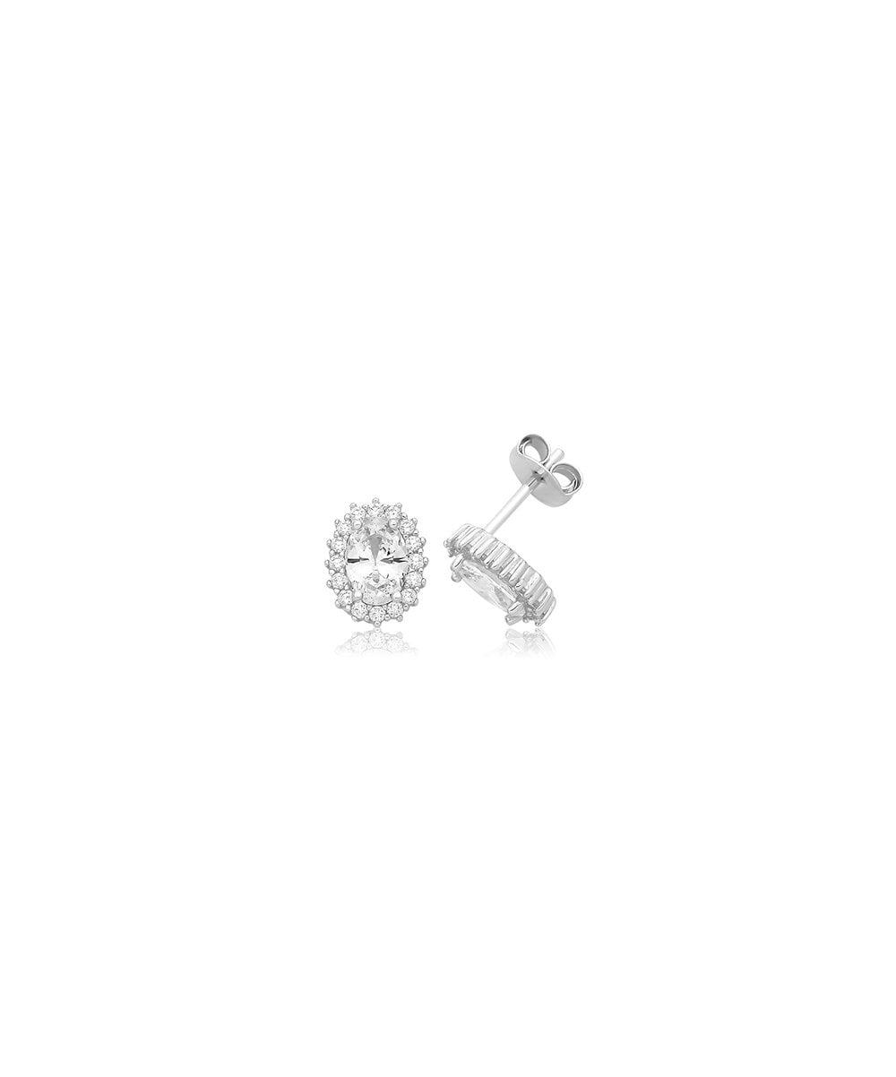 Silver CZ Oval Halo Stud Earrings