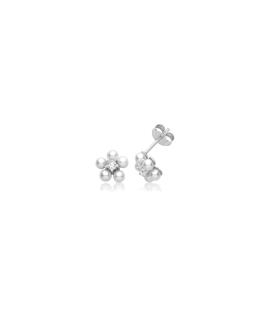 Silver CZ & Shell Pearl Flower Stud Earrings