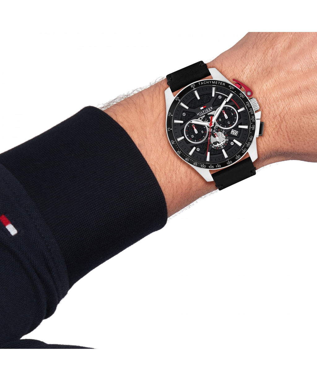 Tommy Hilfiger Bank Black Leather Strap Gents Watch