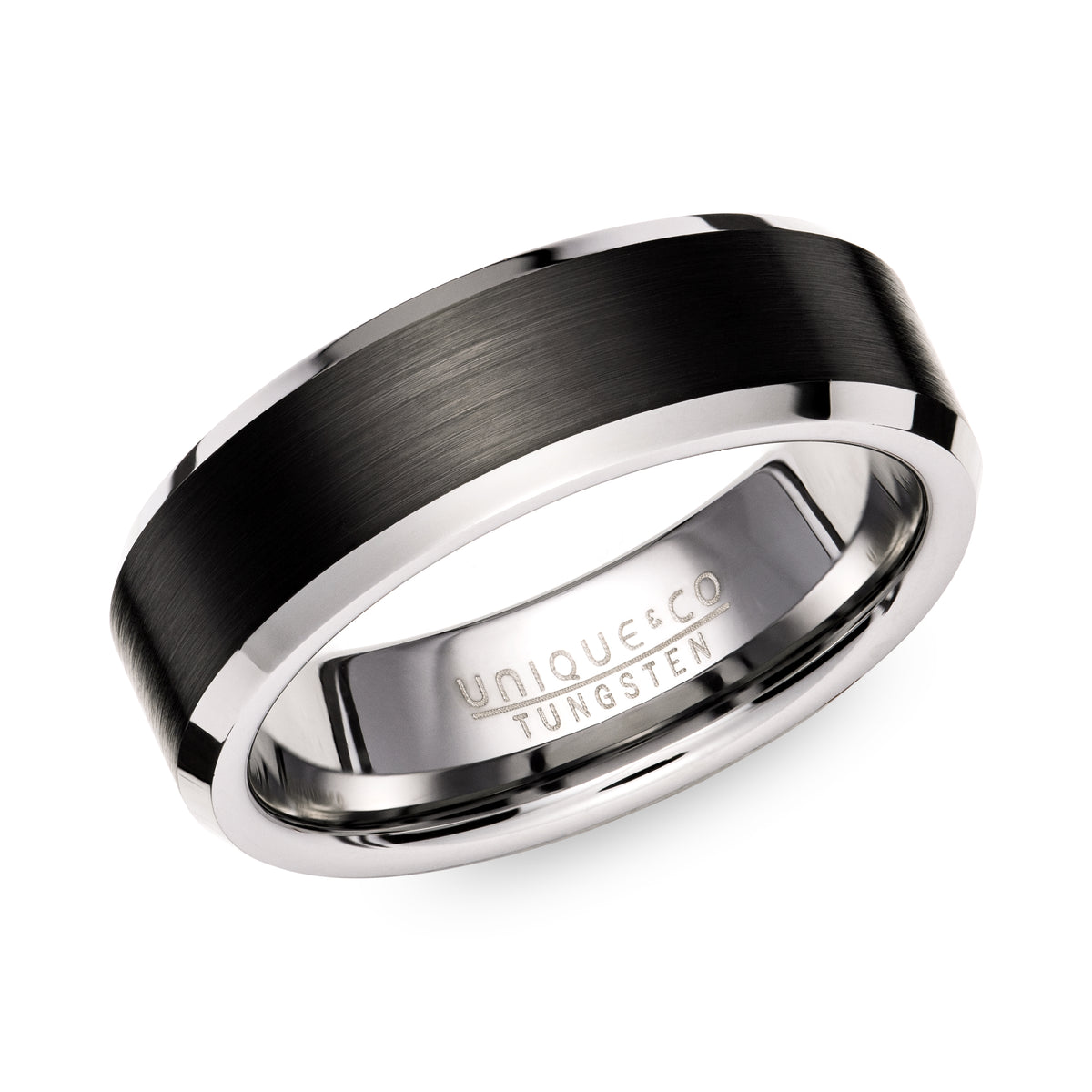 Tungsten 7mm Bevelled Edge Ring with Black - TUR-140