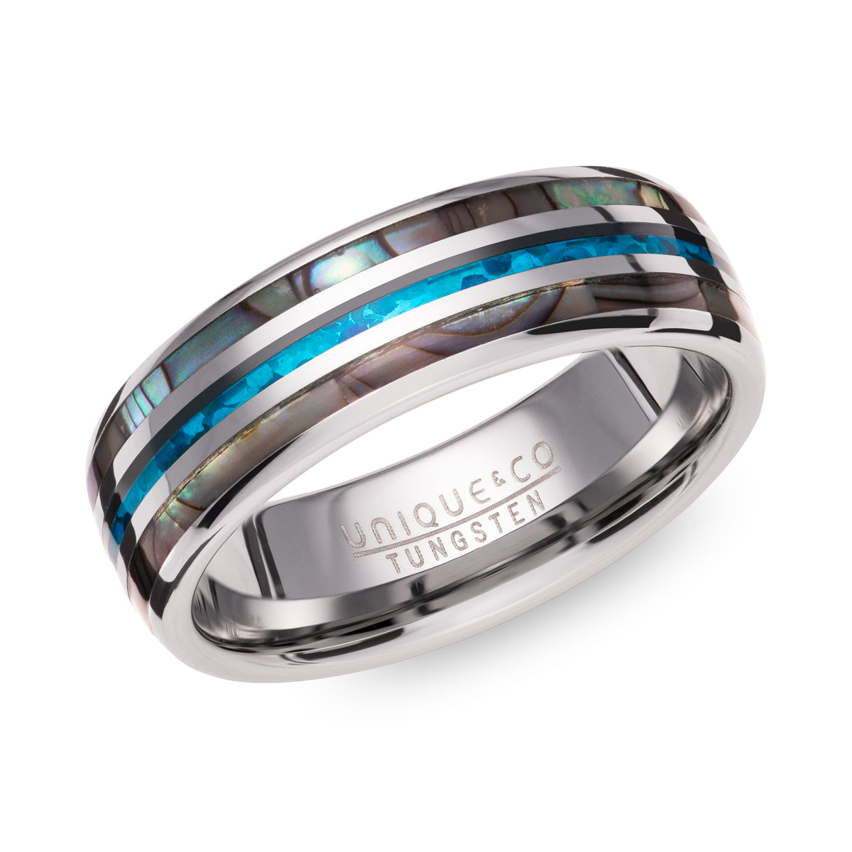 Tungsten 7mm Ring with Abalone Shell & Blue Opal Replica Inlay - TUR-146