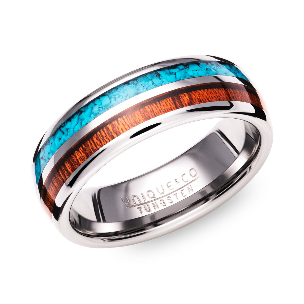 Tungsten 7mm Ring with Wood & Turquoise Inlay - TUR-147