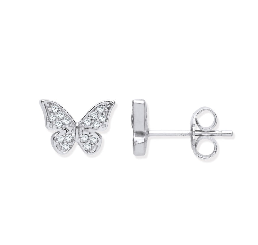 Silver Butterfly CZ Stud Earrings